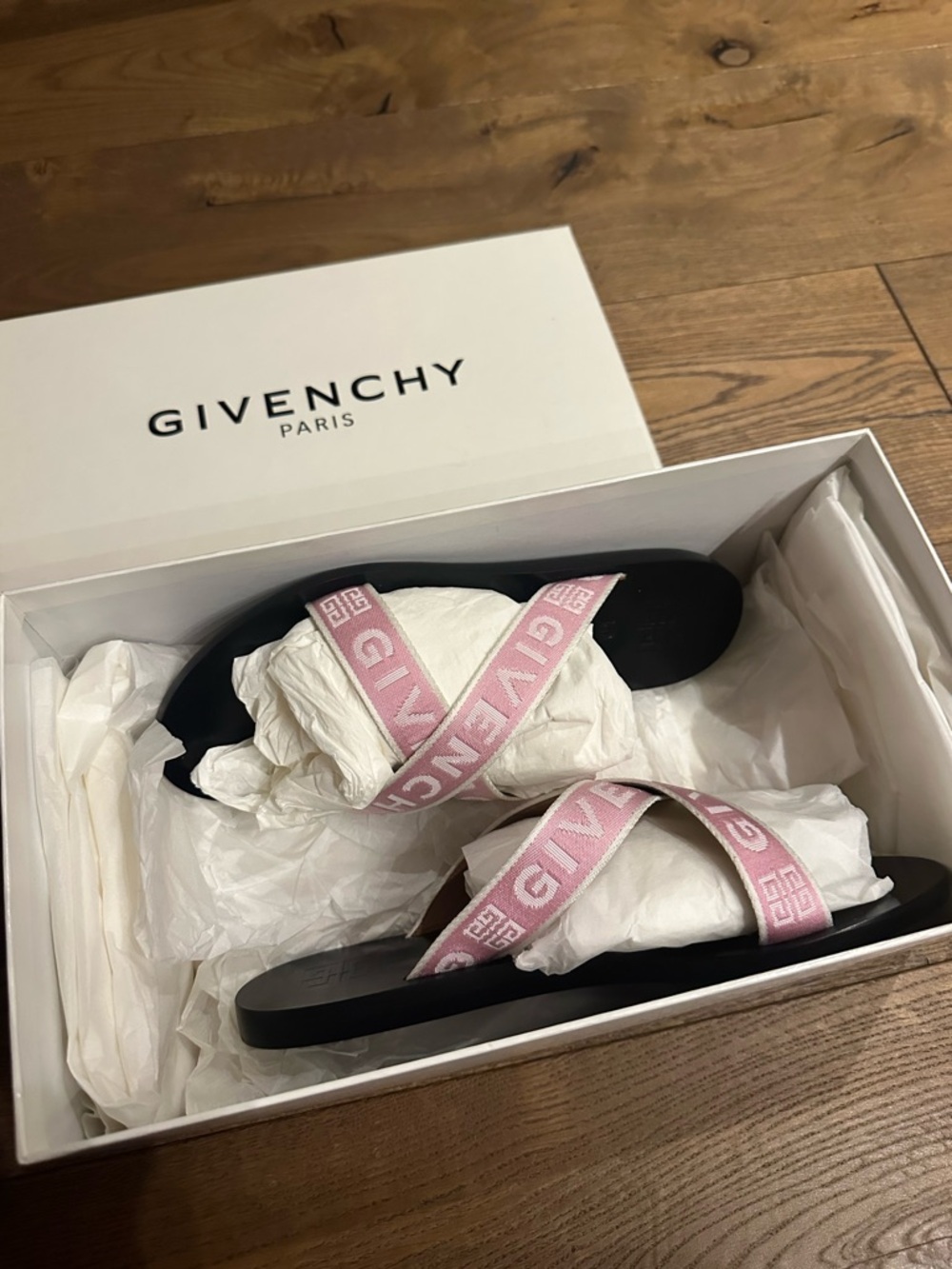 GIVENCHY Pink Logo Cross-Strap Slide Sandals